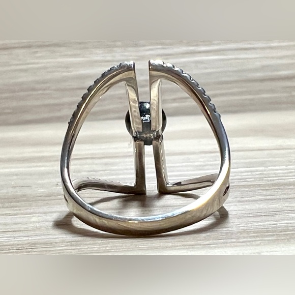 Jade of Yesteryear Sterling Silver Charcoal Jade & CZ Open Band Ring, Size 8.5 - Picture 4 of 10